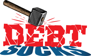 Picture of a hammer hitting the decorative words: Debt Sucks