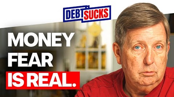 Attorney Ben Matthews with a serious expression beside bold text reading “Money Fear Is Real” and a “Debt Sucks” logo.