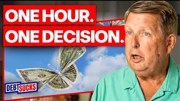 A video thumbnail featuring South Carolina Bankruptcy Attorney Ben Matthews next to large text that reads "ONE HOUR. ONE DECISION." and a "DEBT SUCKS" logo, with an image of a butterfly made from dollar bills flying in a blue sky.