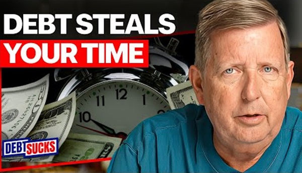 Promotional graphic featuring South Carolina bankruptcy attorney Ben Matthews beside bold text reading "Debt Steals Your Time" with an image of a clock surrounded by cash and a "Debt Sucks" logo.
