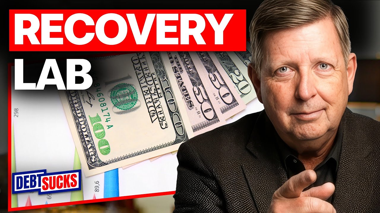 Attorney Ben Matthews points forward next to a fan of US dollar bills. Large text reads "RECOVERY LAB" alongside a "DEBT SUCKS" logo.
