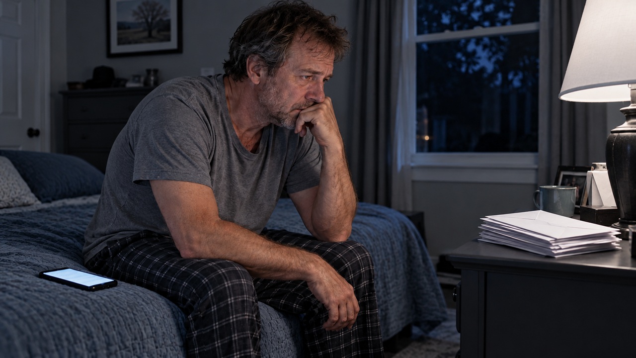 Tired man sitting on the edge of his bed at night, looking at unopened bills on the nightstand with a glowing phone beside him.